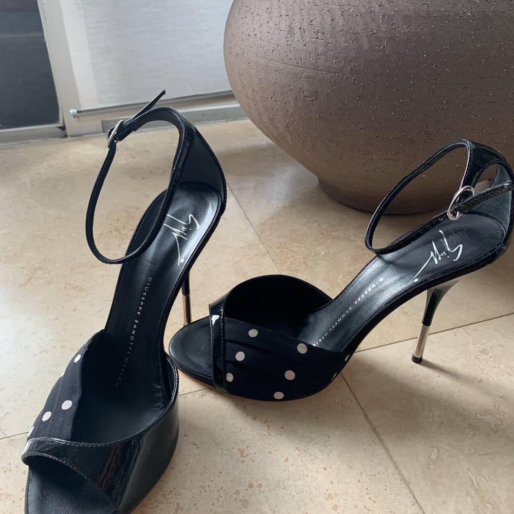 Giuseppe Zanotti Black and White Polka Dot Ankle-Strap Heels - Picture 2 of 10